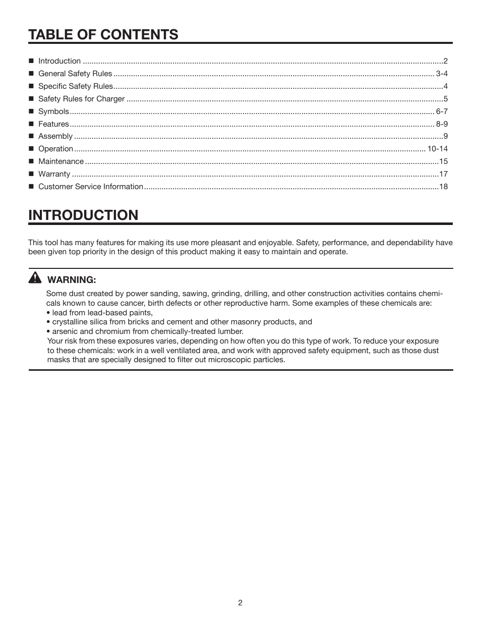 Table of contents introduction | RIDGID R842301 User Manual | Page 2 / 18