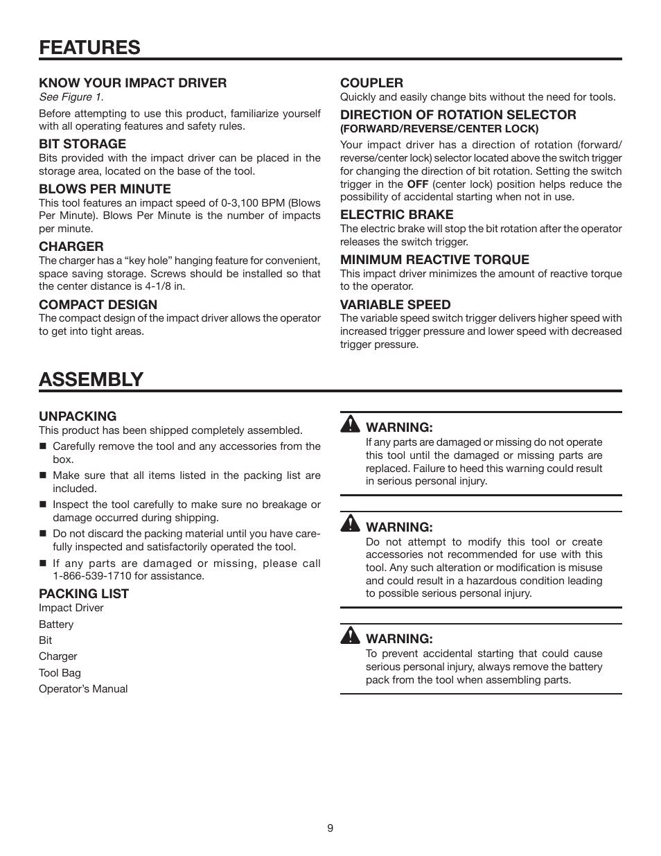 Features, Assembly | RIDGID R842301 User Manual | Page 9 / 18