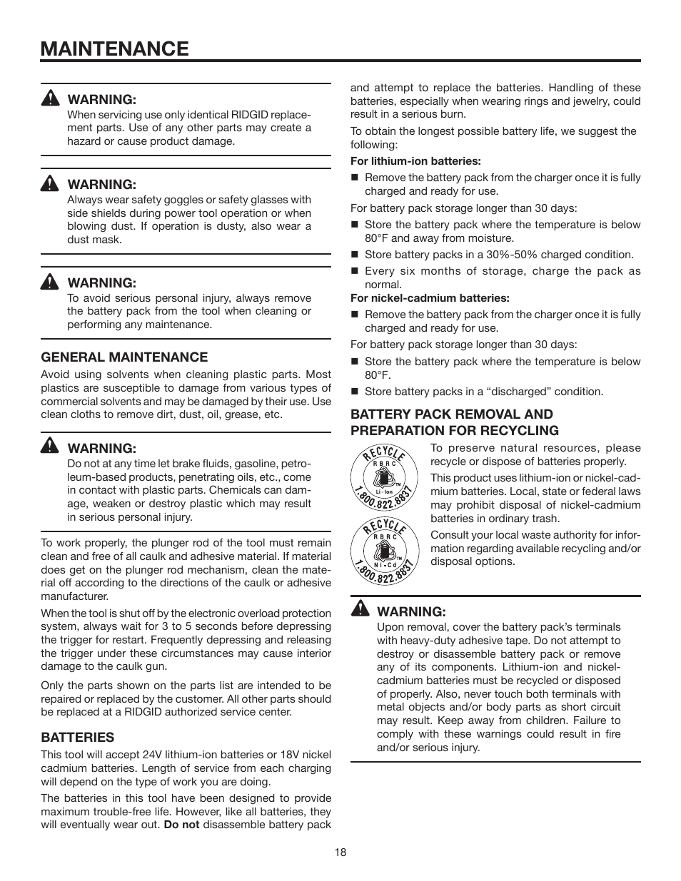 Maintenance | RIDGID R8804 User Manual | Page 18 / 20