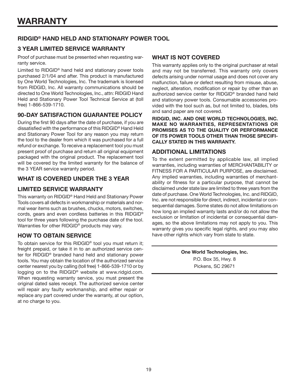 Warranty, Day satisfaction guarantee policy, How to obtain service | Ridgid, Additional limitations | RIDGID R8804 User Manual | Page 19 / 20