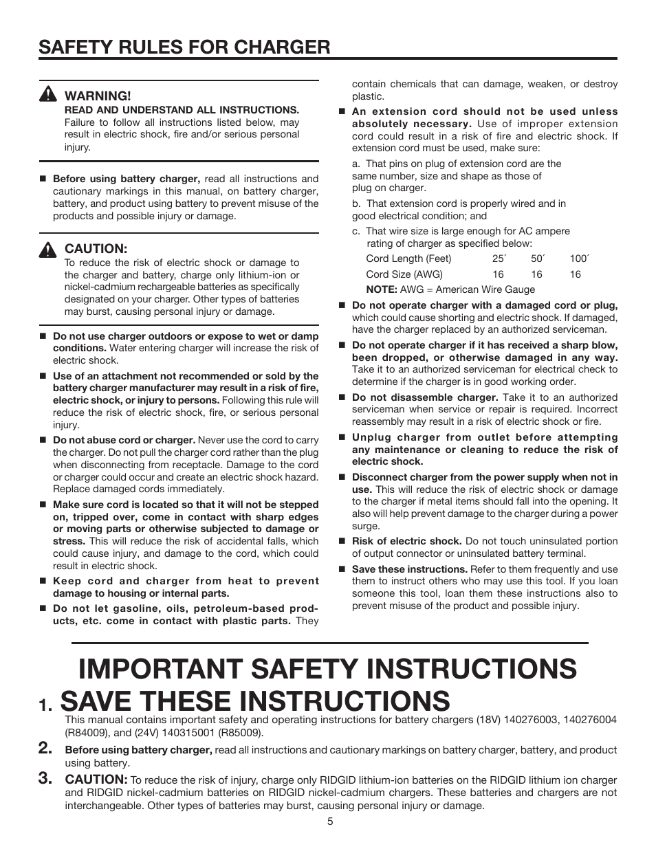 Important safety instructions, Save these instructions, Safety rules for charger | RIDGID R8804 User Manual | Page 5 / 20