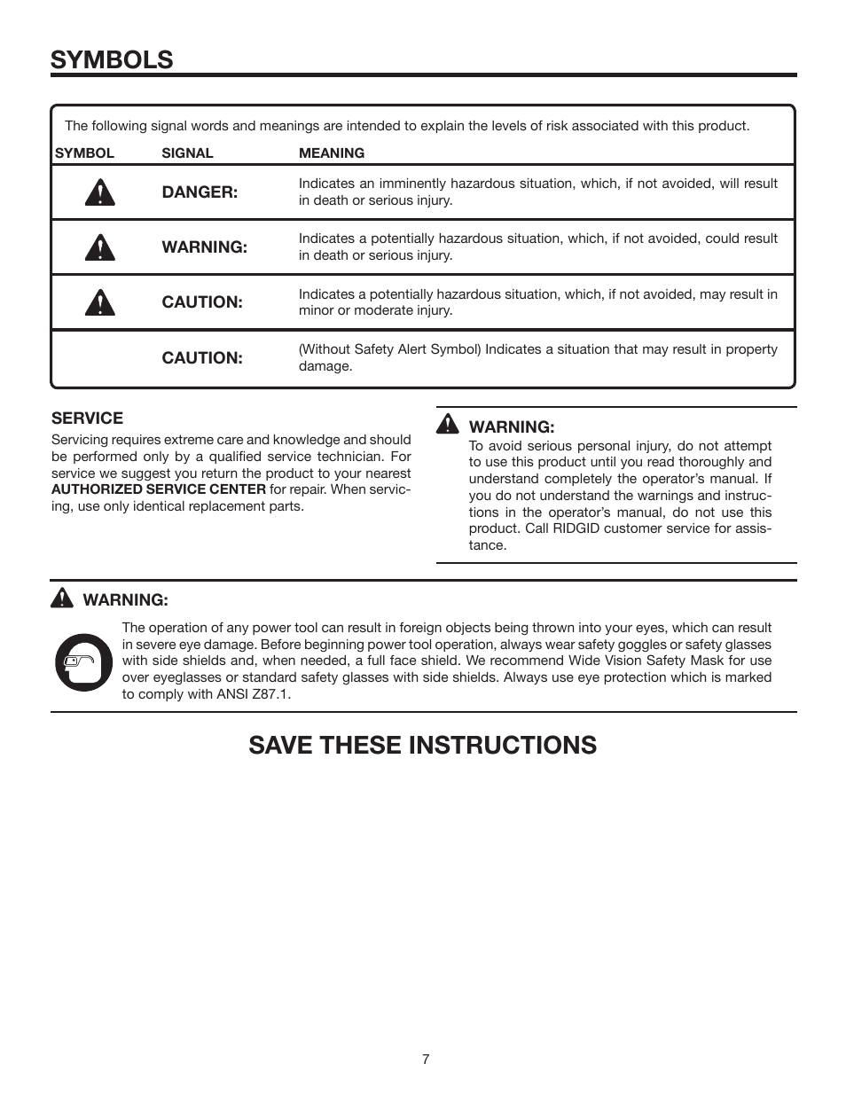 Symbols, Save these instructions | RIDGID R8804 User Manual | Page 7 / 20