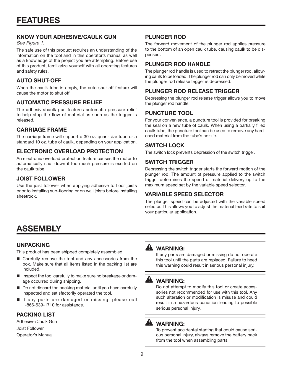 Features, Assembly | RIDGID R8804 User Manual | Page 9 / 20