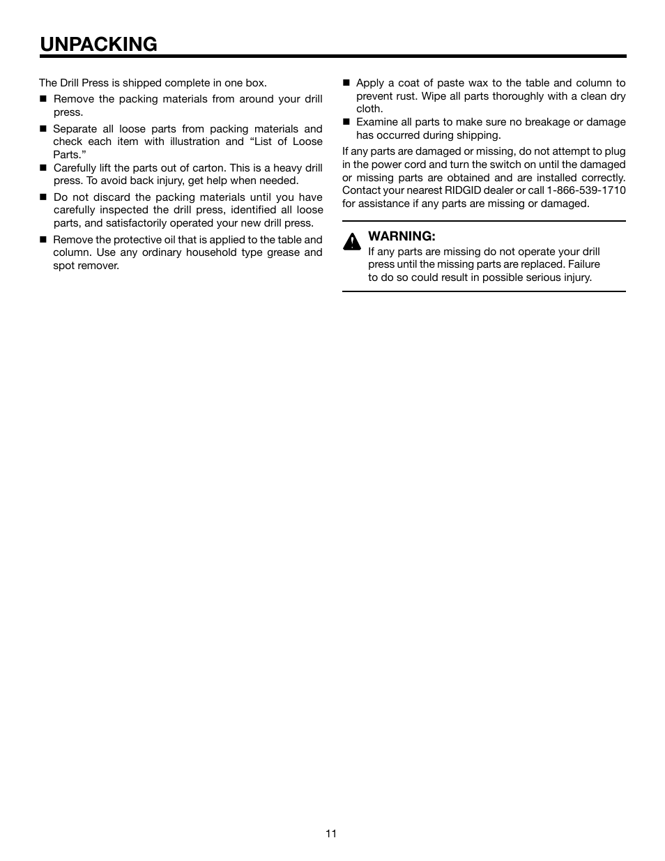 Unpacking | RIDGID DP15501 User Manual | Page 11 / 32