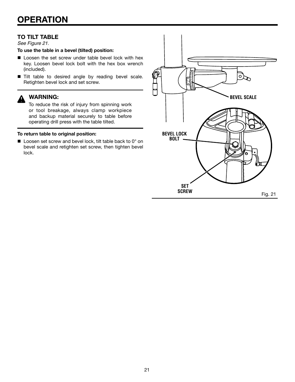 Operation, Warning | RIDGID DP15501 User Manual | Page 21 / 32