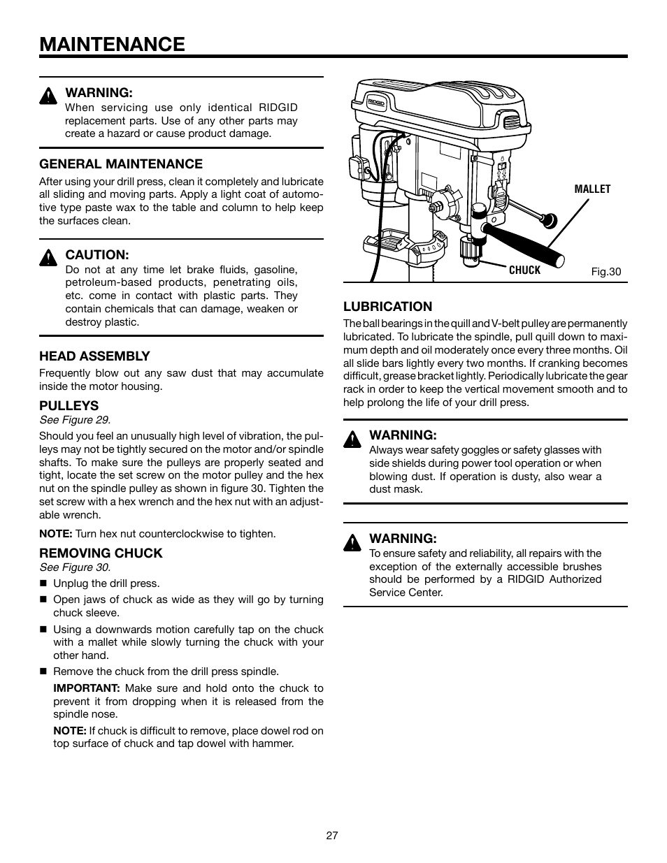 Maintenance | RIDGID DP15501 User Manual | Page 27 / 32