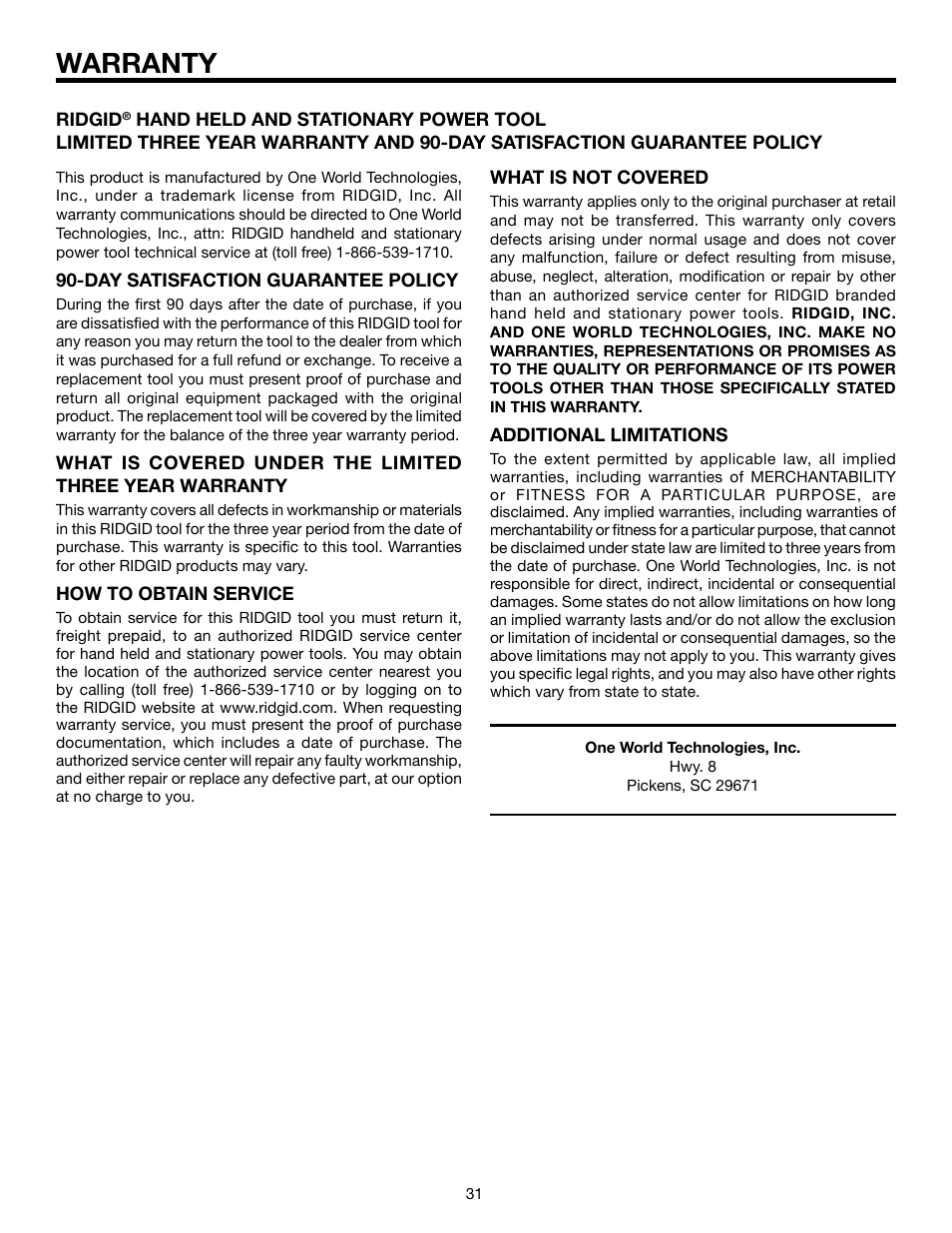 Warranty | RIDGID DP15501 User Manual | Page 31 / 32