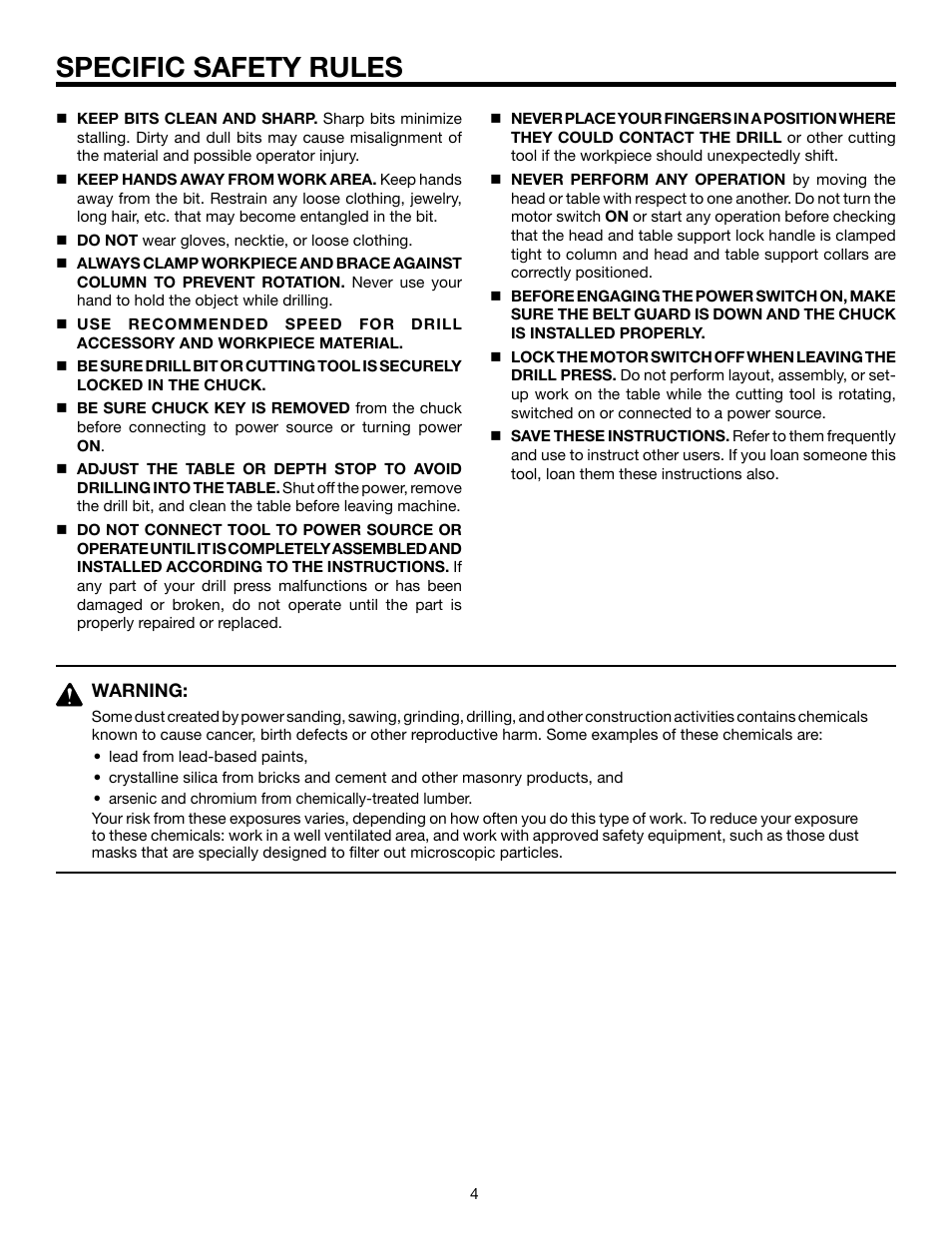 Specific safety rules | RIDGID DP15501 User Manual | Page 4 / 32