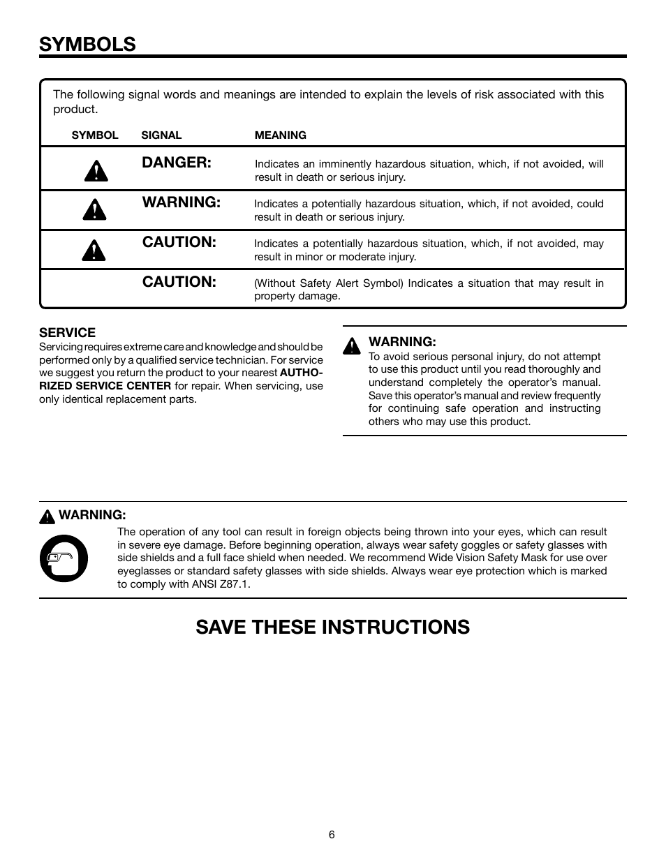 Symbols save these instructions | RIDGID DP15501 User Manual | Page 6 / 32