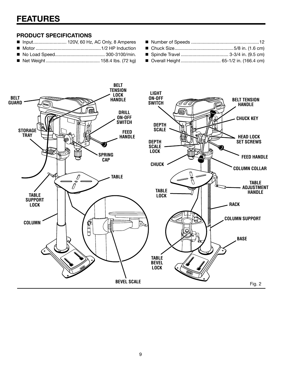 Features, Product specifications | RIDGID DP15501 User Manual | Page 9 / 32