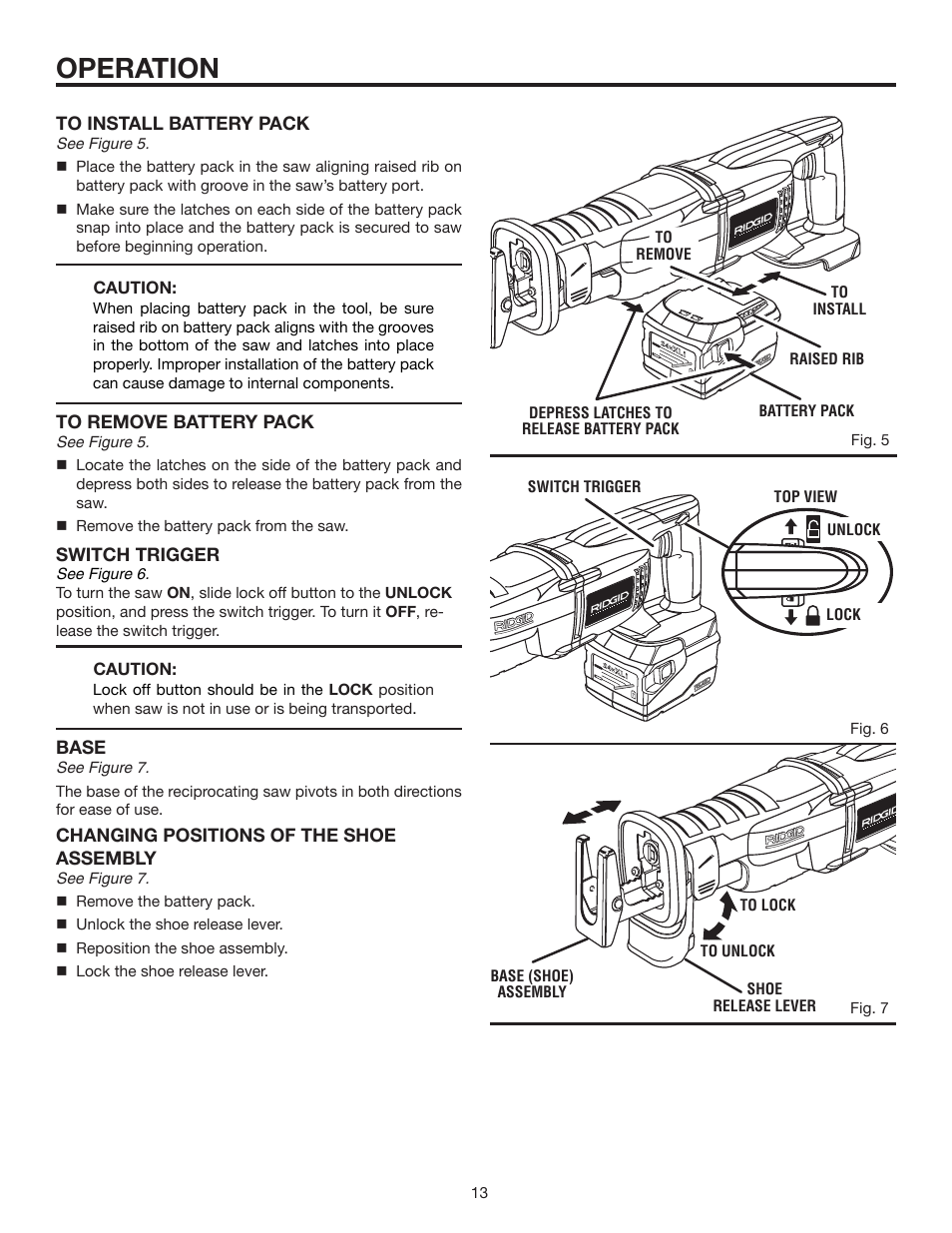 Operation, Switch trigger, Base | Changing positions of the shoe assembly | RIDGID R854 User Manual | Page 13 / 18