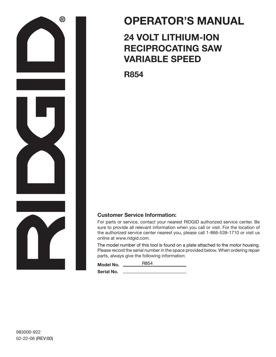 Operator’s manual, R854 | RIDGID R854 User Manual | Page 18 / 18