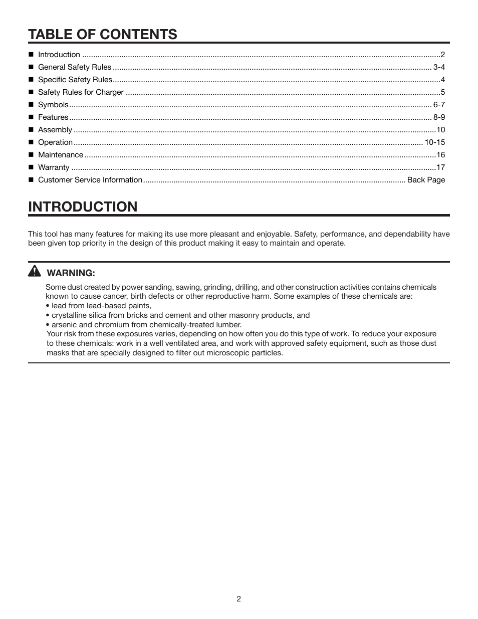 Table of contents introduction | RIDGID R854 User Manual | Page 2 / 18