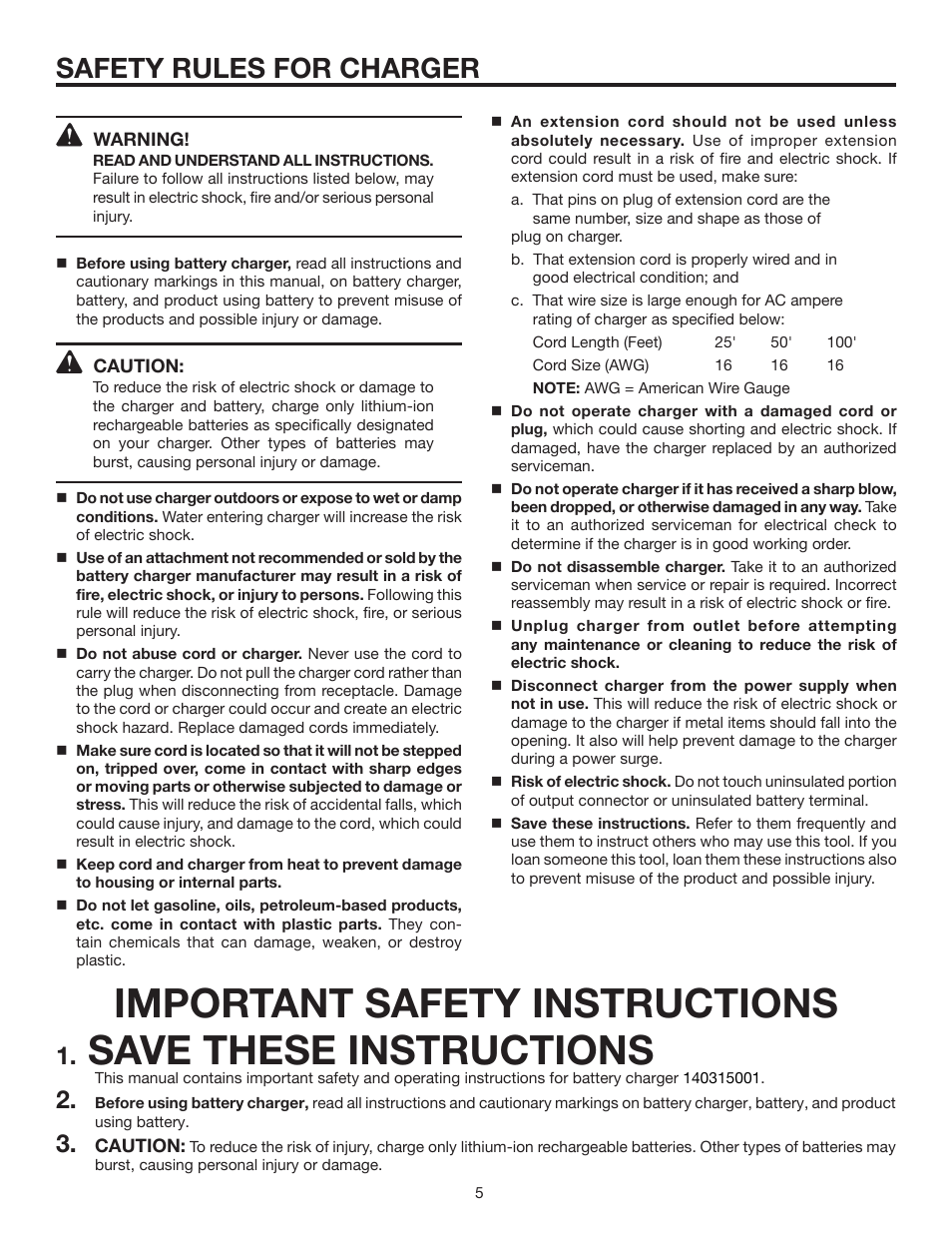 Important safety instructions, Save these instructions, Safety rules for charger | RIDGID R854 User Manual | Page 5 / 18