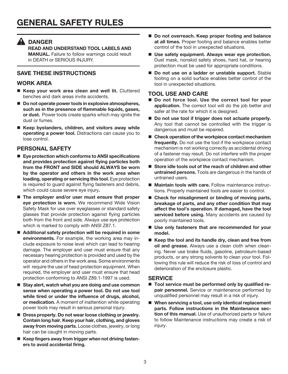 General safety rules | RIDGID FINISH STAPLER R150FSA User Manual | Page 3 / 20