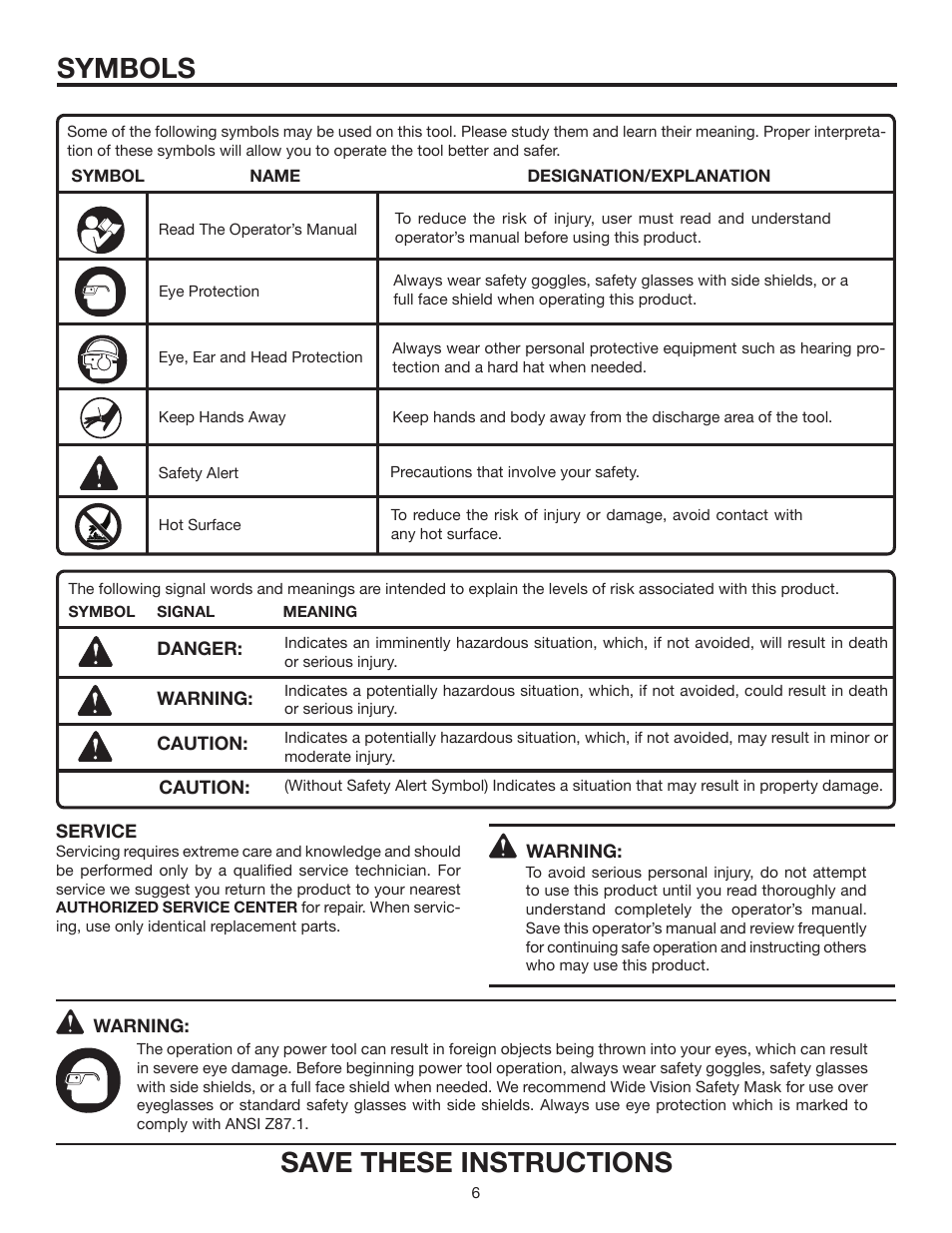 Symbols, Save these instructions | RIDGID FINISH STAPLER R150FSA User Manual | Page 6 / 20