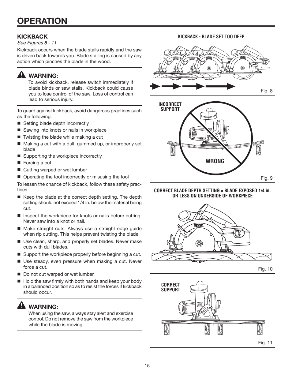 Operation, Kickback, Warning | Wrong | RIDGID R8452 User Manual | Page 15 / 24