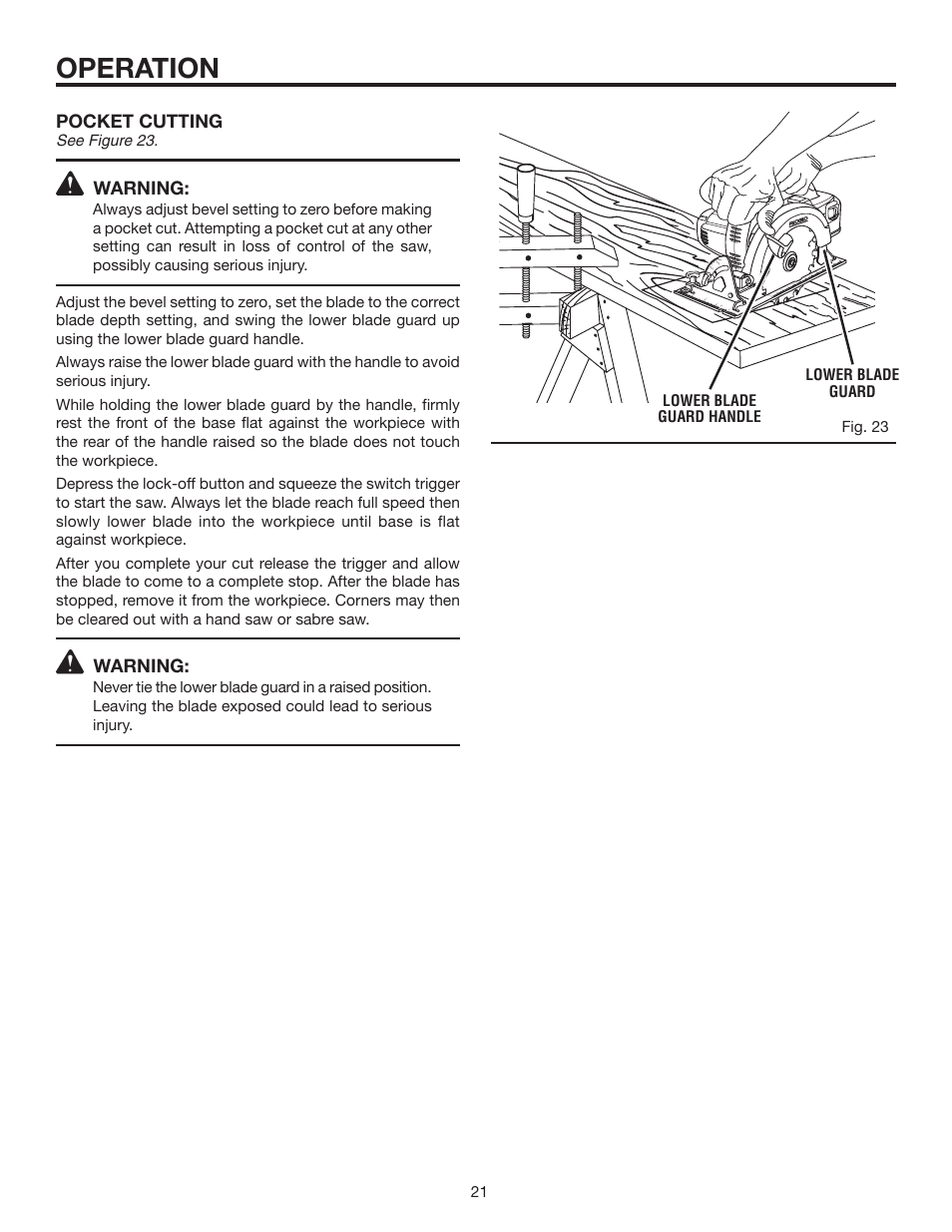 Operation, Pocket cutting, Warning | Fig. 23 lower blade guard handle lower blade guard, See figure 23 | RIDGID R8452 User Manual | Page 21 / 24