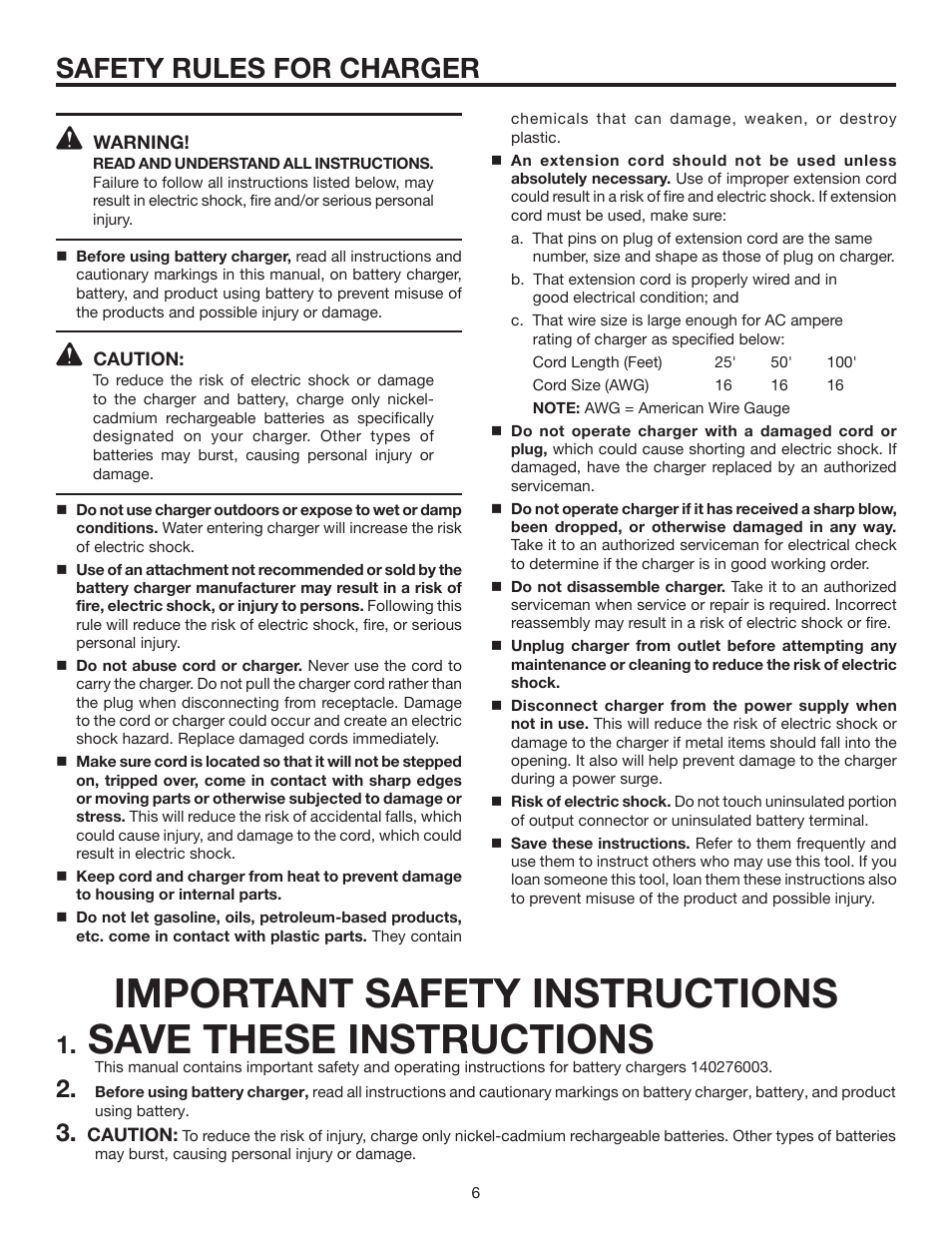 Important safety instructions, Save these instructions, Safety rules for charger | RIDGID R8452 User Manual | Page 6 / 24