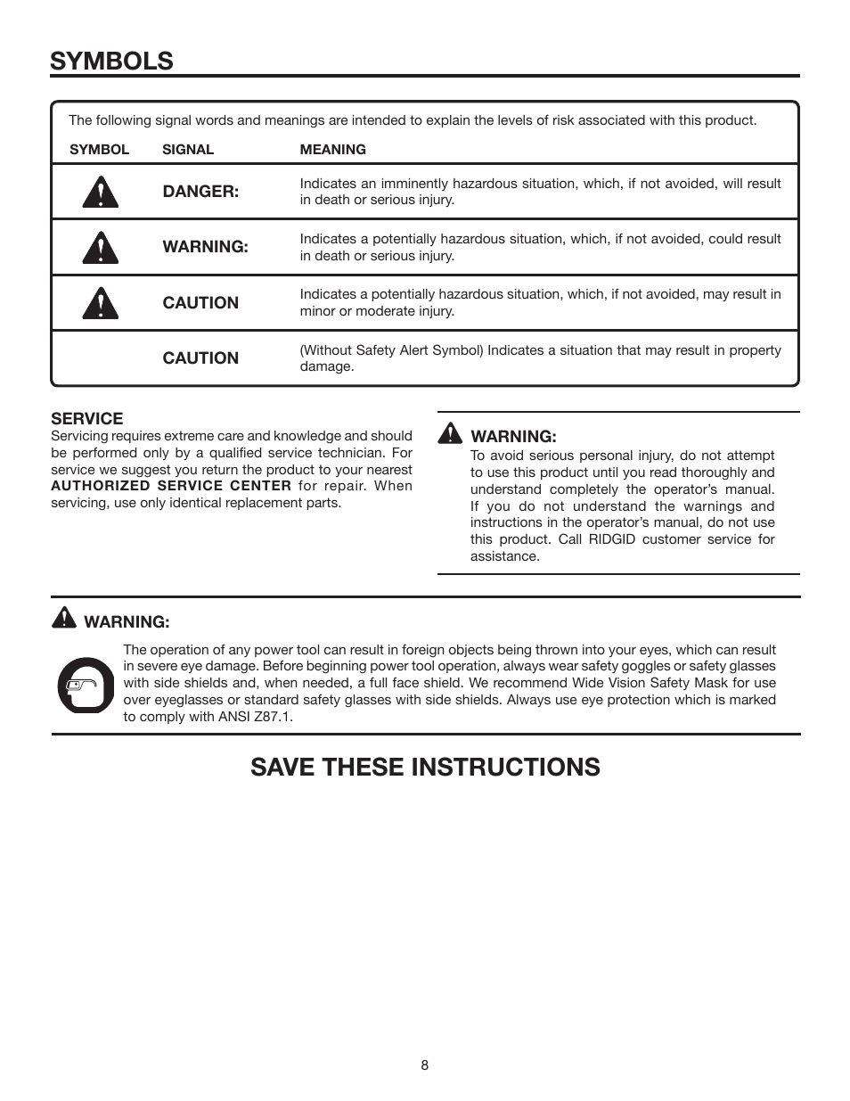 Symbols, Save these instructions | RIDGID R8452 User Manual | Page 8 / 24