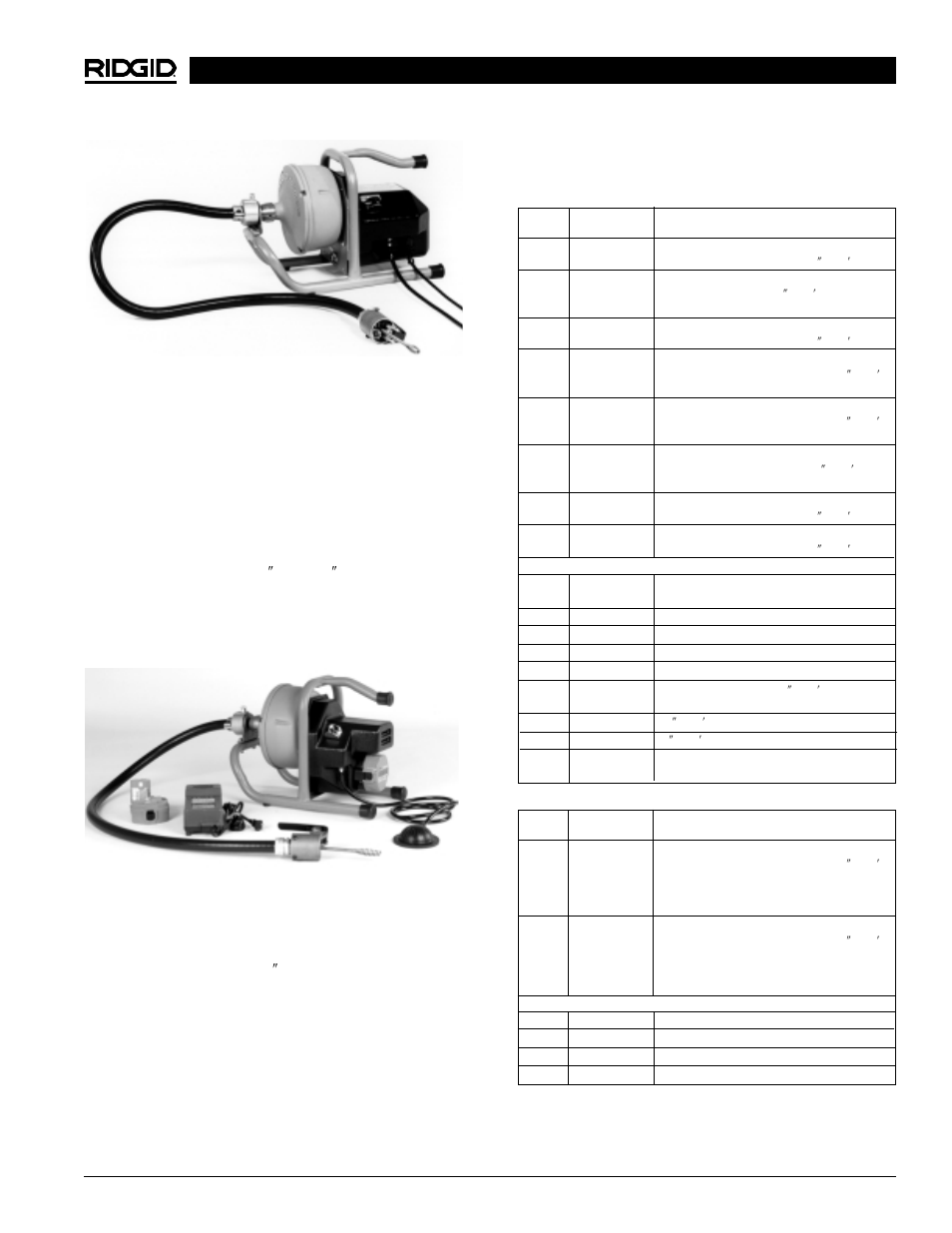 K-40b specifications/standard equipment, K-40 optional equipment | RIDGID Drain Cleaner K-40 User Manual | Page 7 / 51