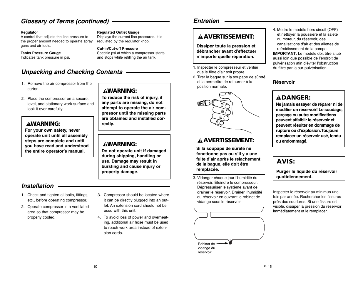 Entretien, Avertissement, Danger | Avis, Glossary of terms (continued), Warning, Installation unpacking and checking contents | RIDGID RIGID OF25135A User Manual | Page 10 / 36