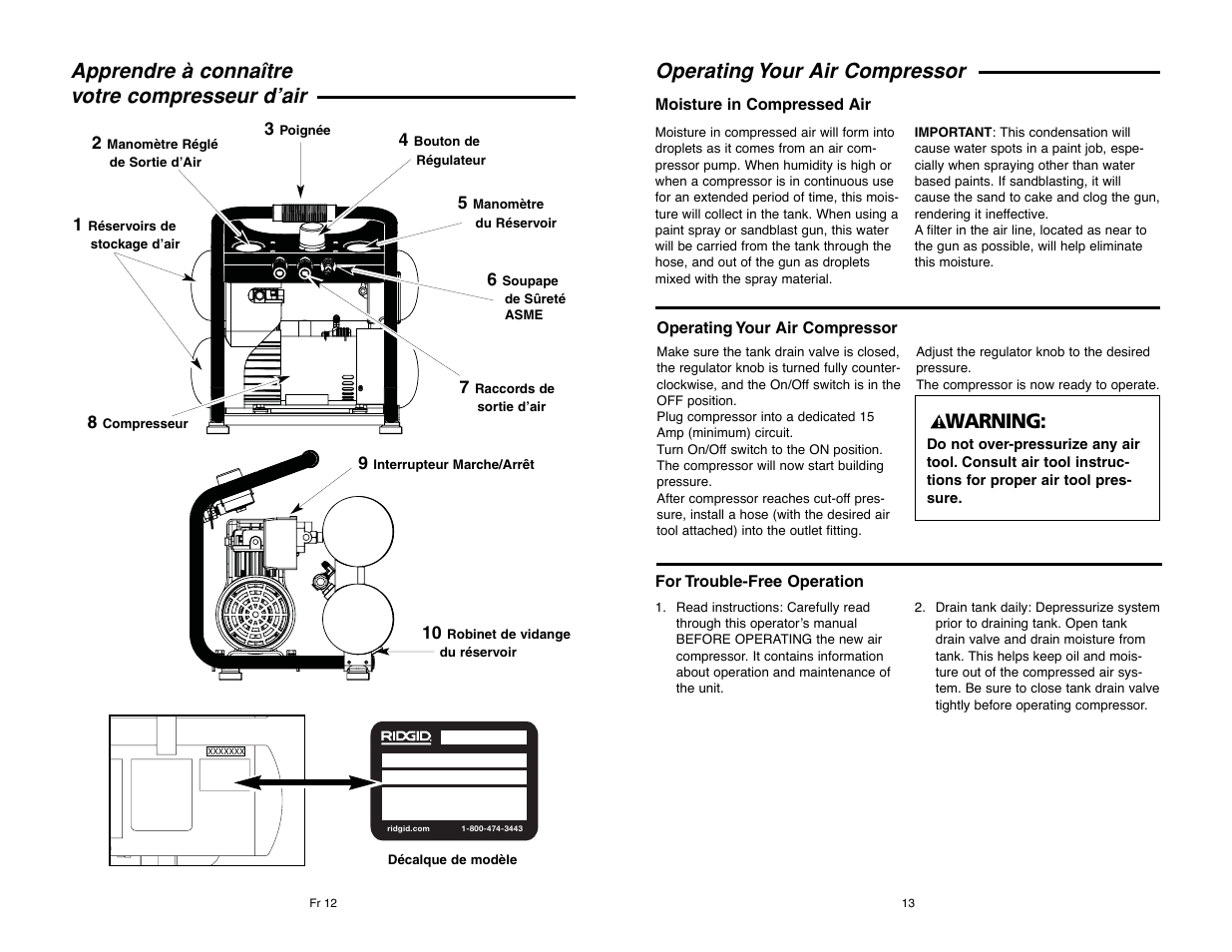 Apprendre à connaître votre compresseur d’air, Operating your air compressor, Warning | RIDGID RIGID OF25135A User Manual | Page 13 / 36