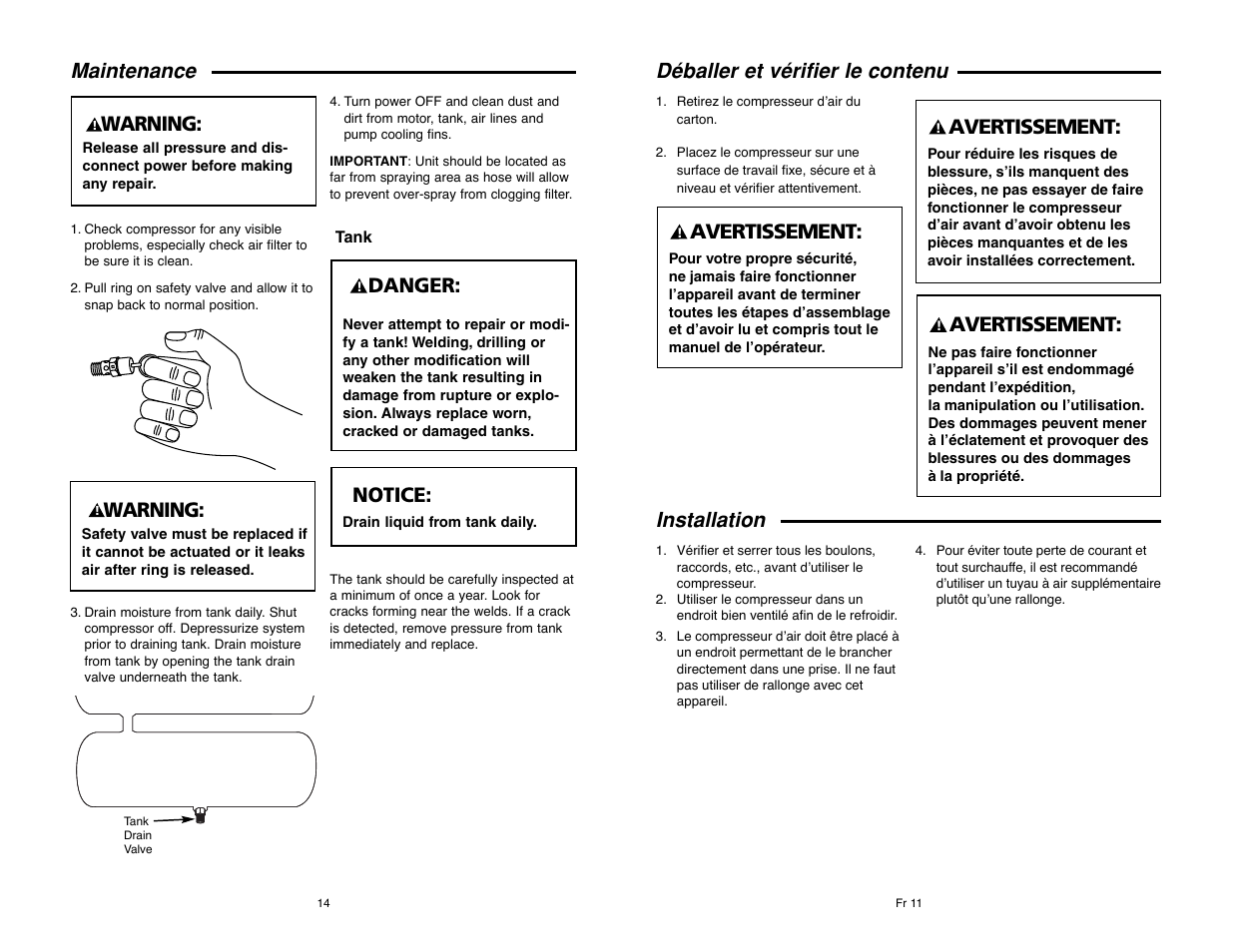 Déballer et vérifier le contenu, Avertissement, Installation | Maintenance, Warning, Danger, Notice | RIDGID RIGID OF25135A User Manual | Page 14 / 36