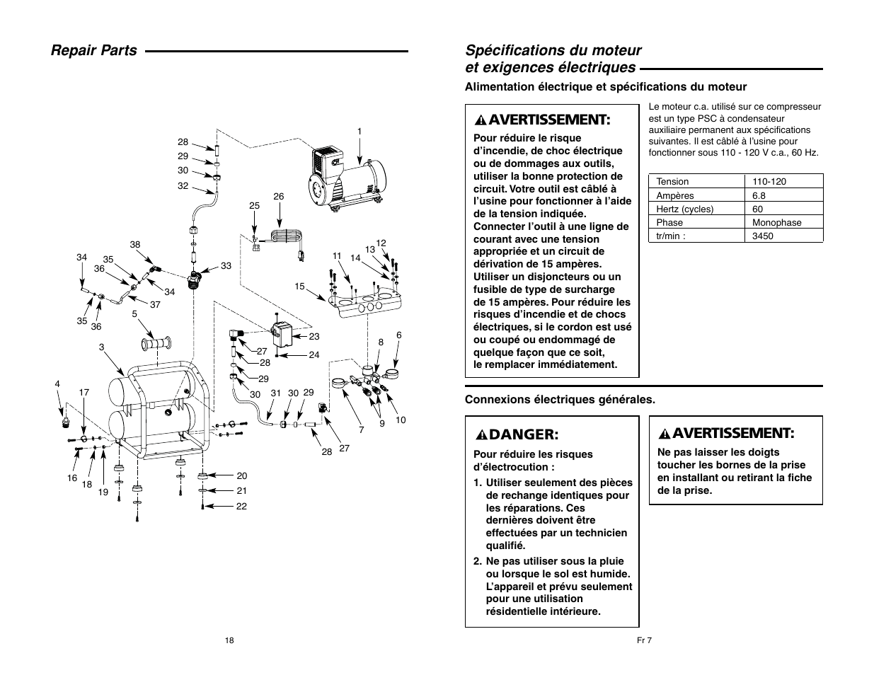 Spécifications du moteur et exigences électriques, Avertissement, Danger | Repair parts | RIDGID RIGID OF25135A User Manual | Page 18 / 36