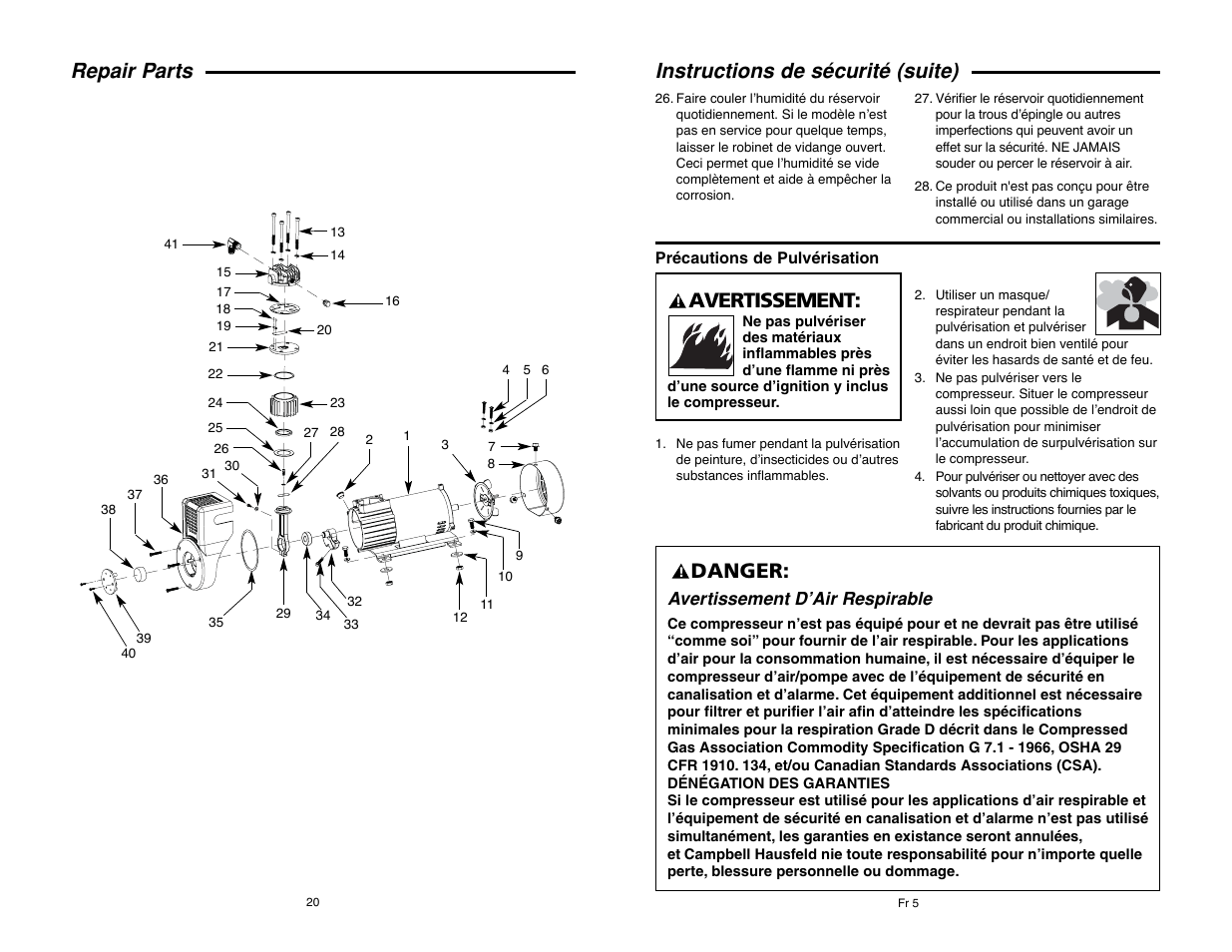 Avertissement, Danger, Repair parts | Instructions de sécurité (suite), Avertissement d’air respirable | RIDGID RIGID OF25135A User Manual | Page 20 / 36