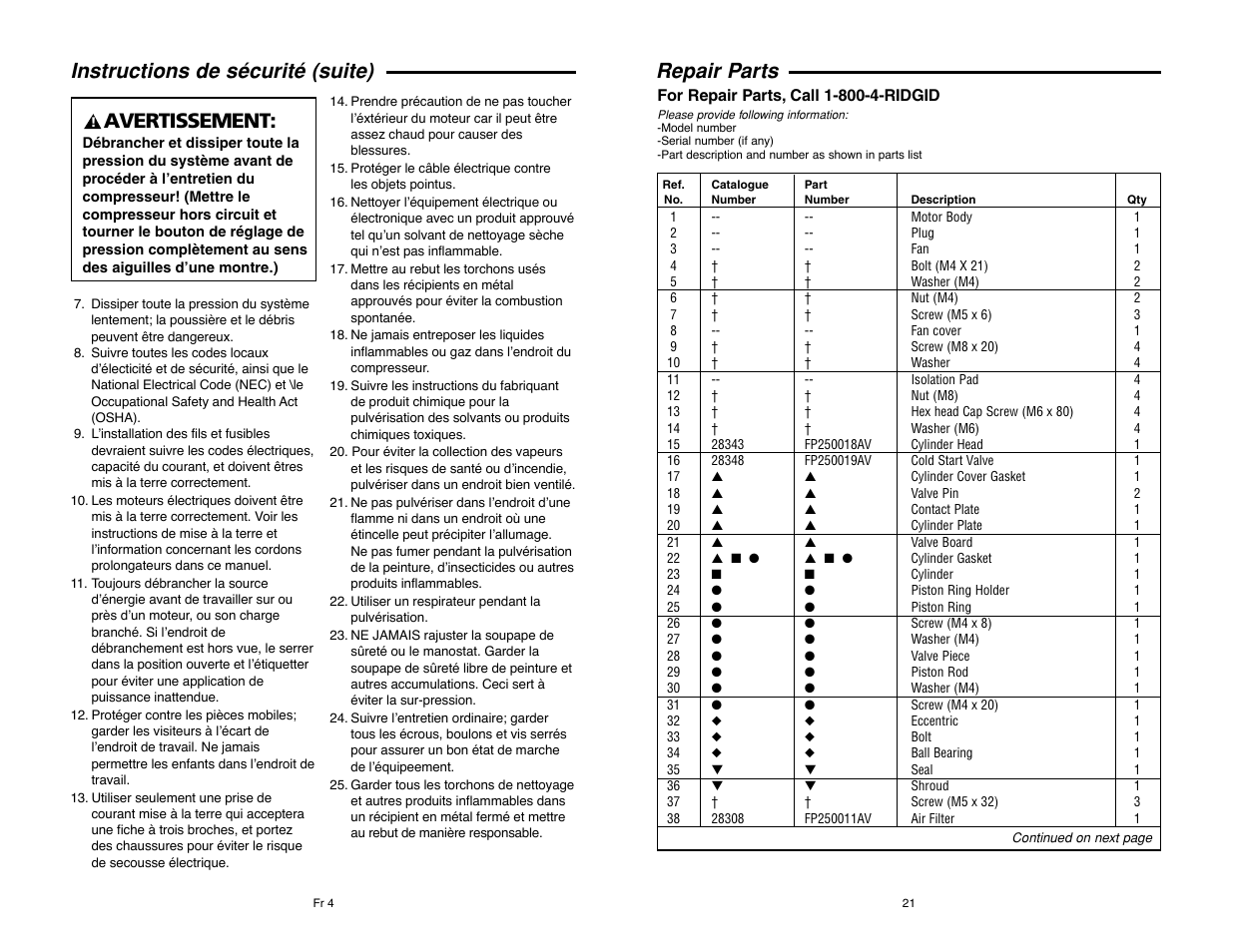 Instructions de sécurité (suite), Avertissement, Repair parts | RIDGID RIGID OF25135A User Manual | Page 21 / 36