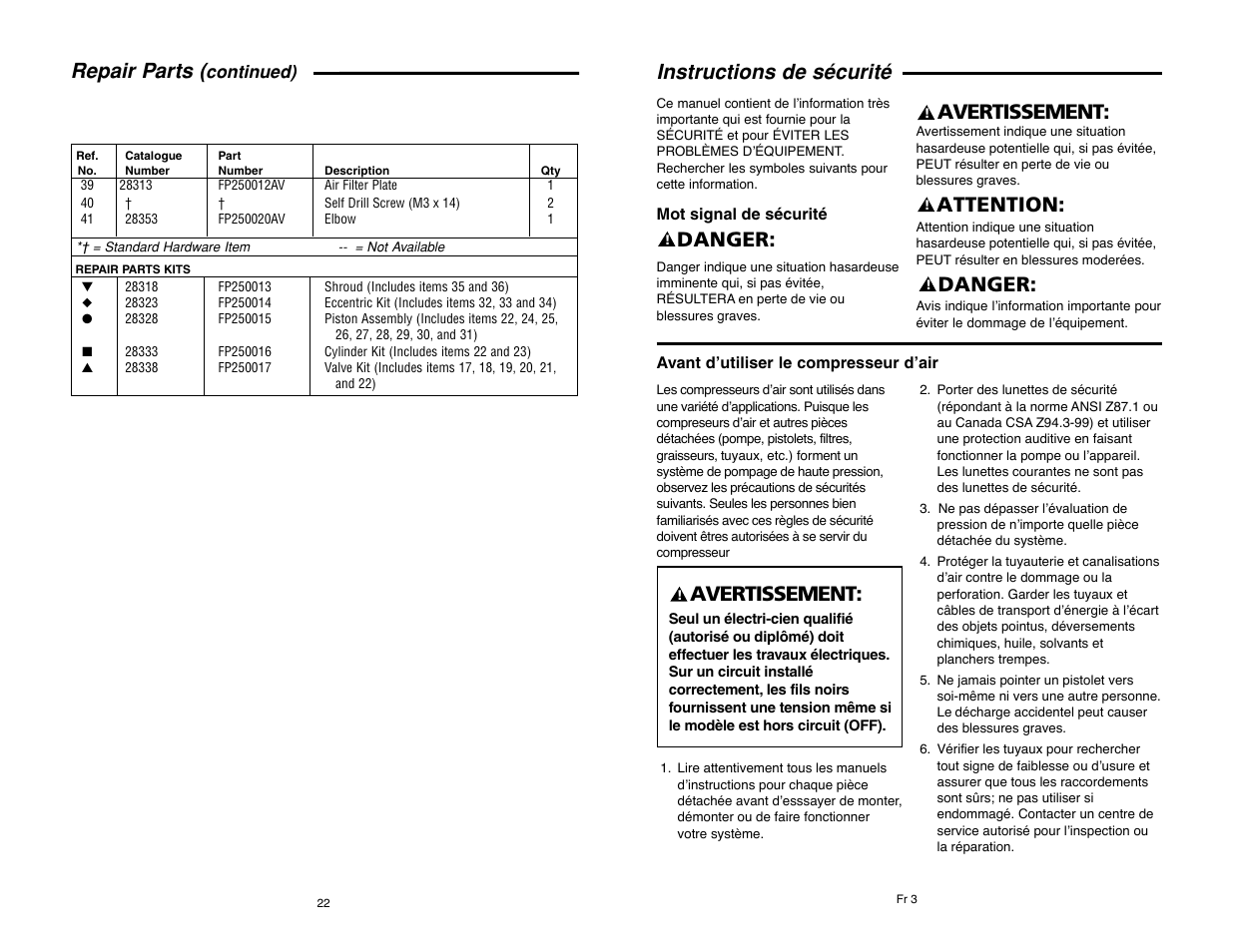 Danger, Attention, Avertissement | Instructions de sécurité, Repair parts, Continued) | RIDGID RIGID OF25135A User Manual | Page 22 / 36