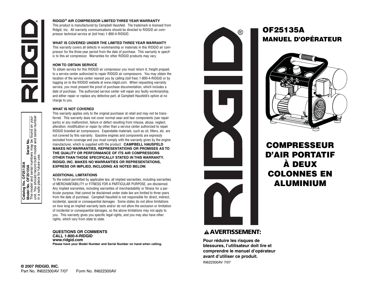 Manuel d’opérateur, Avertissement | RIDGID RIGID OF25135A User Manual | Page 24 / 36