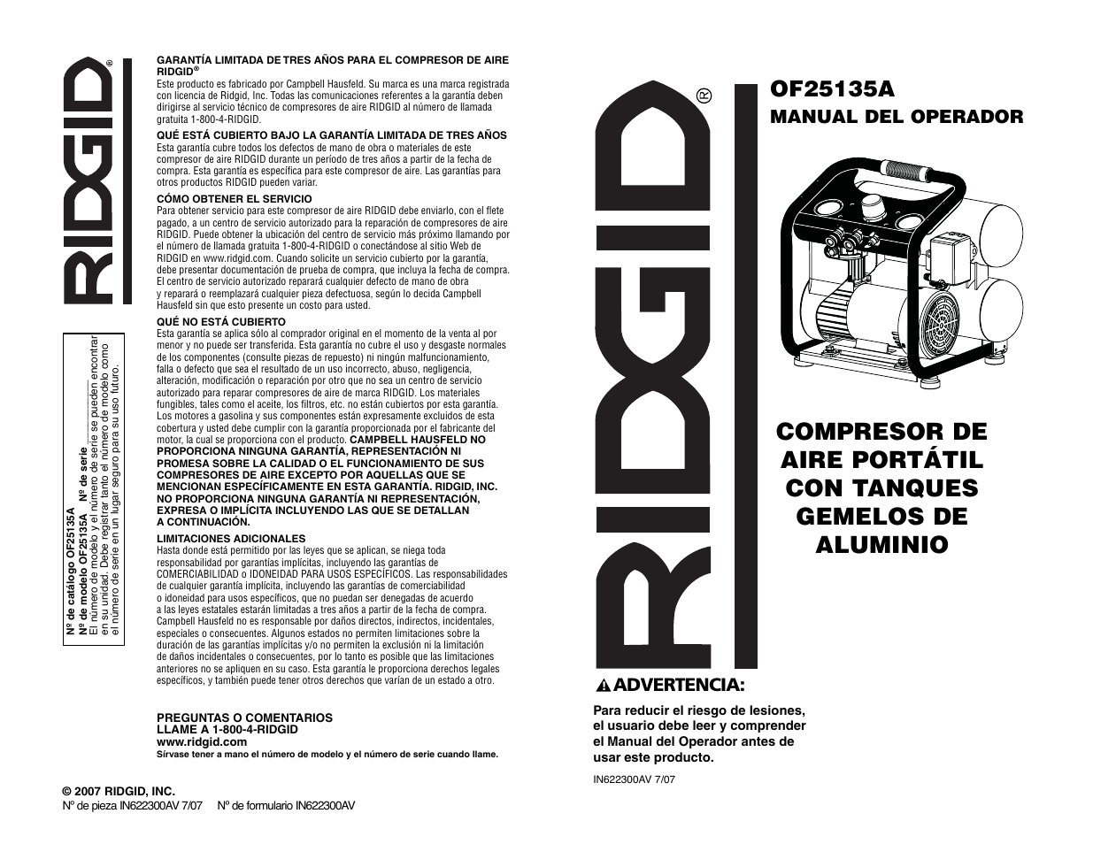 Manual del operador, Advertencia | RIDGID RIGID OF25135A User Manual | Page 25 / 36