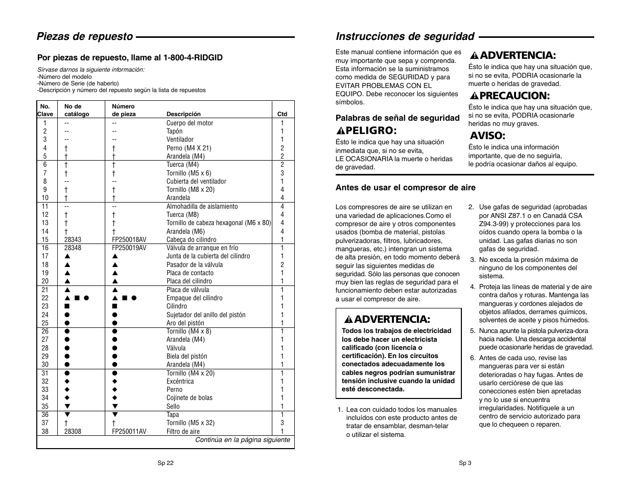 Piezas de repuesto, Aviso: precaucion, Advertencia | Peligro, Instrucciones de seguridad | RIDGID RIGID OF25135A User Manual | Page 27 / 36