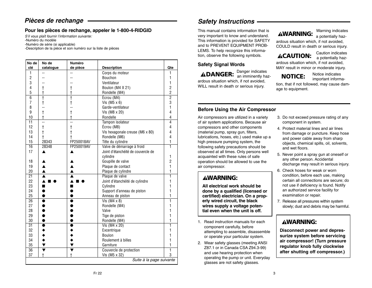 Safety instructions, Notice, Caution | Warning, Danger, Warning: pièces de rechange | RIDGID RIGID OF25135A User Manual | Page 3 / 36