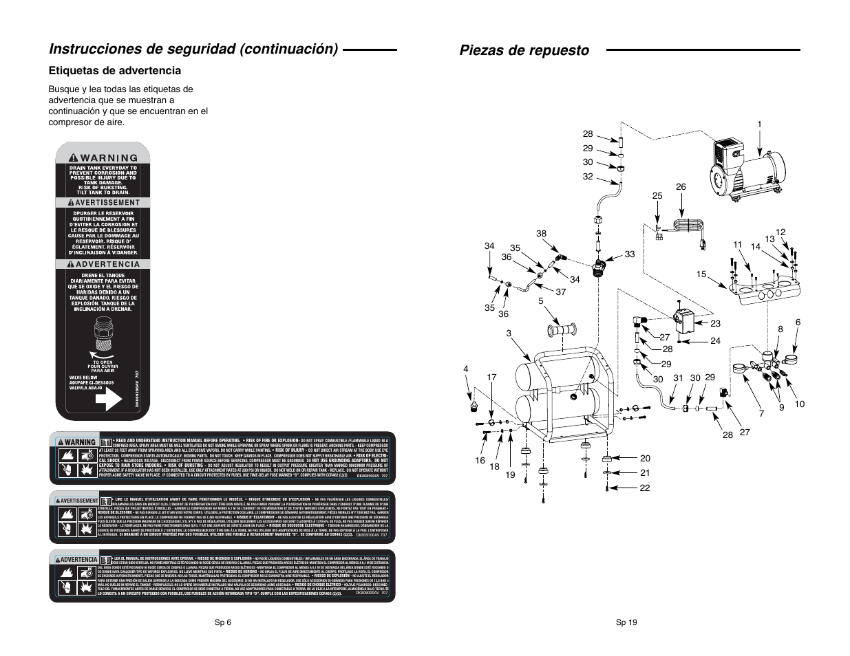 Instrucciones de seguridad (continuación), Piezas de repuesto, Etiquetas de advertencia | RIDGID RIGID OF25135A User Manual | Page 30 / 36