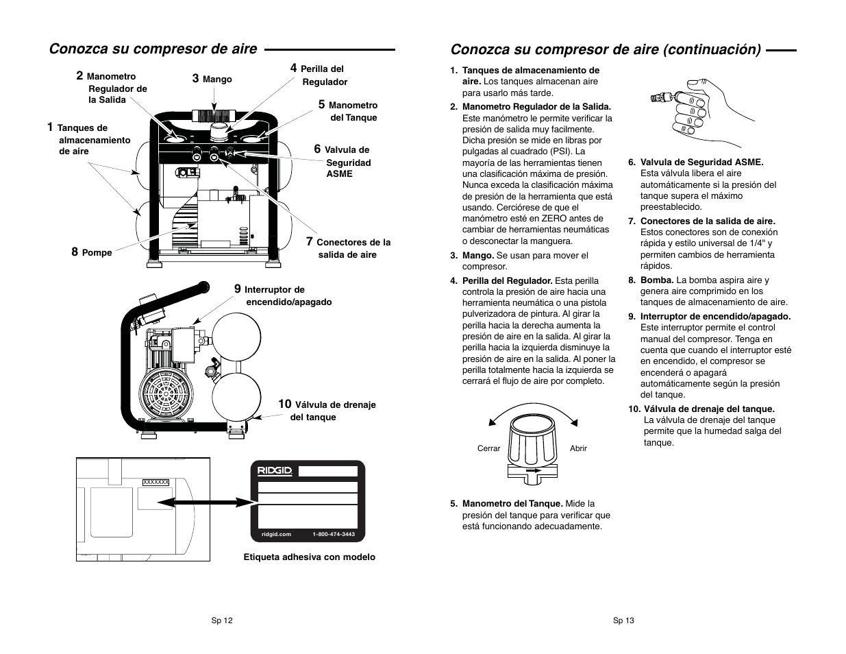 Conozca su compresor de aire, Conozca su compresor de aire (continuación) | RIDGID RIGID OF25135A User Manual | Page 36 / 36