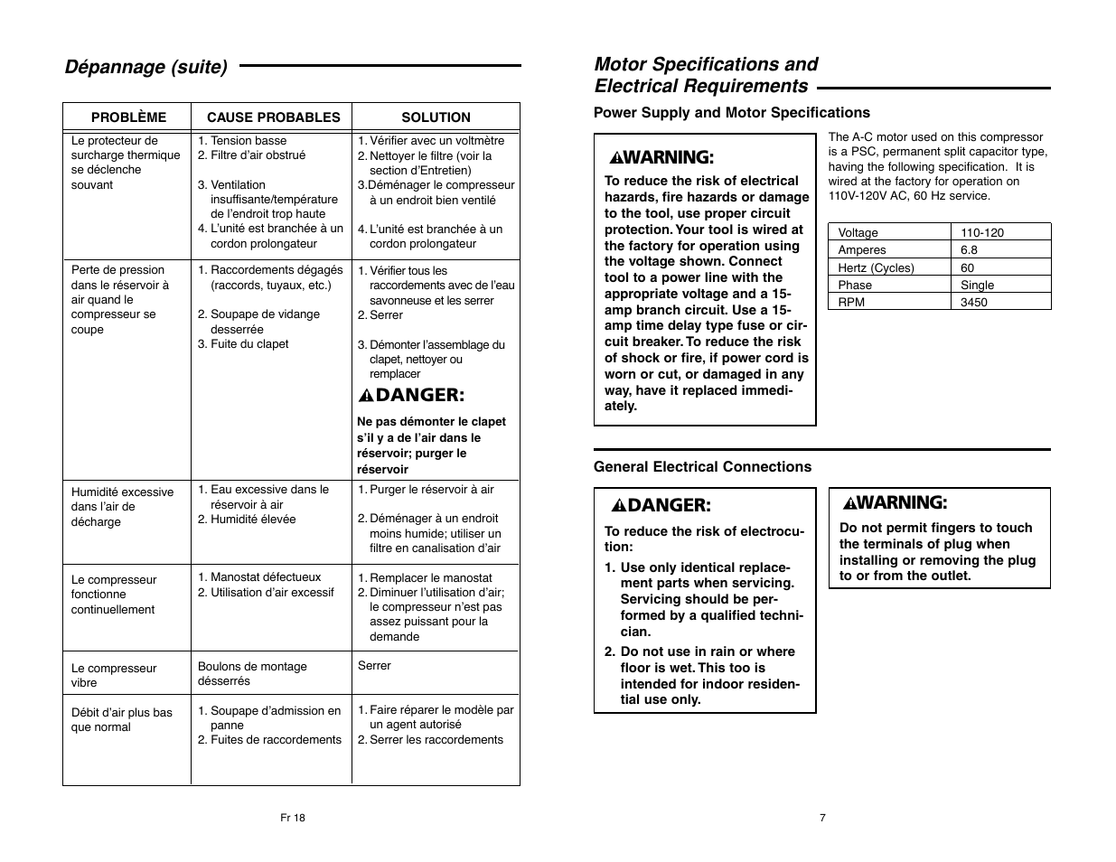 Motor specifications and electrical requirements, Warning, Danger | Dépannage (suite) | RIDGID RIGID OF25135A User Manual | Page 7 / 36