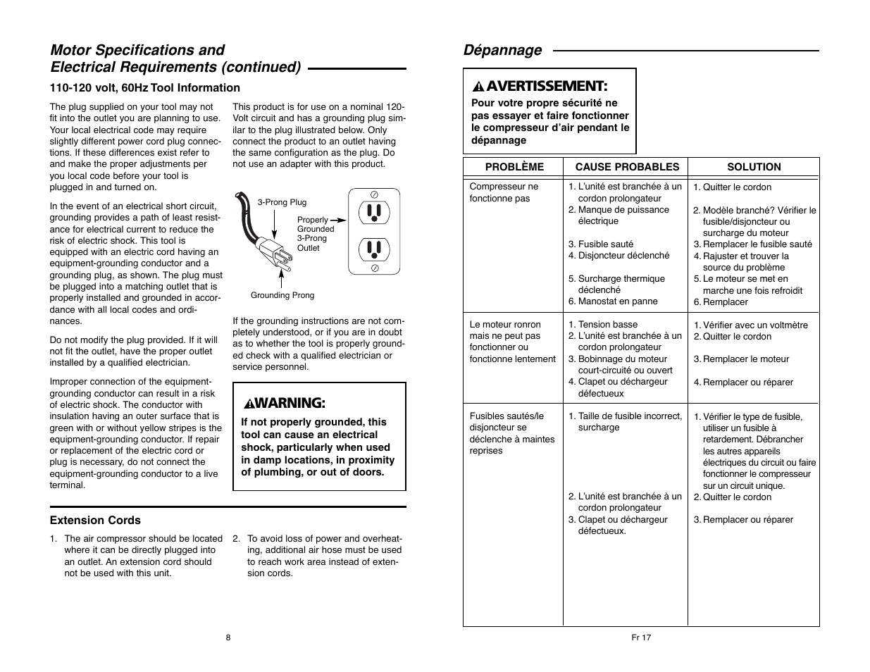 Dépannage, Avertissement, Warning | RIDGID RIGID OF25135A User Manual | Page 8 / 36