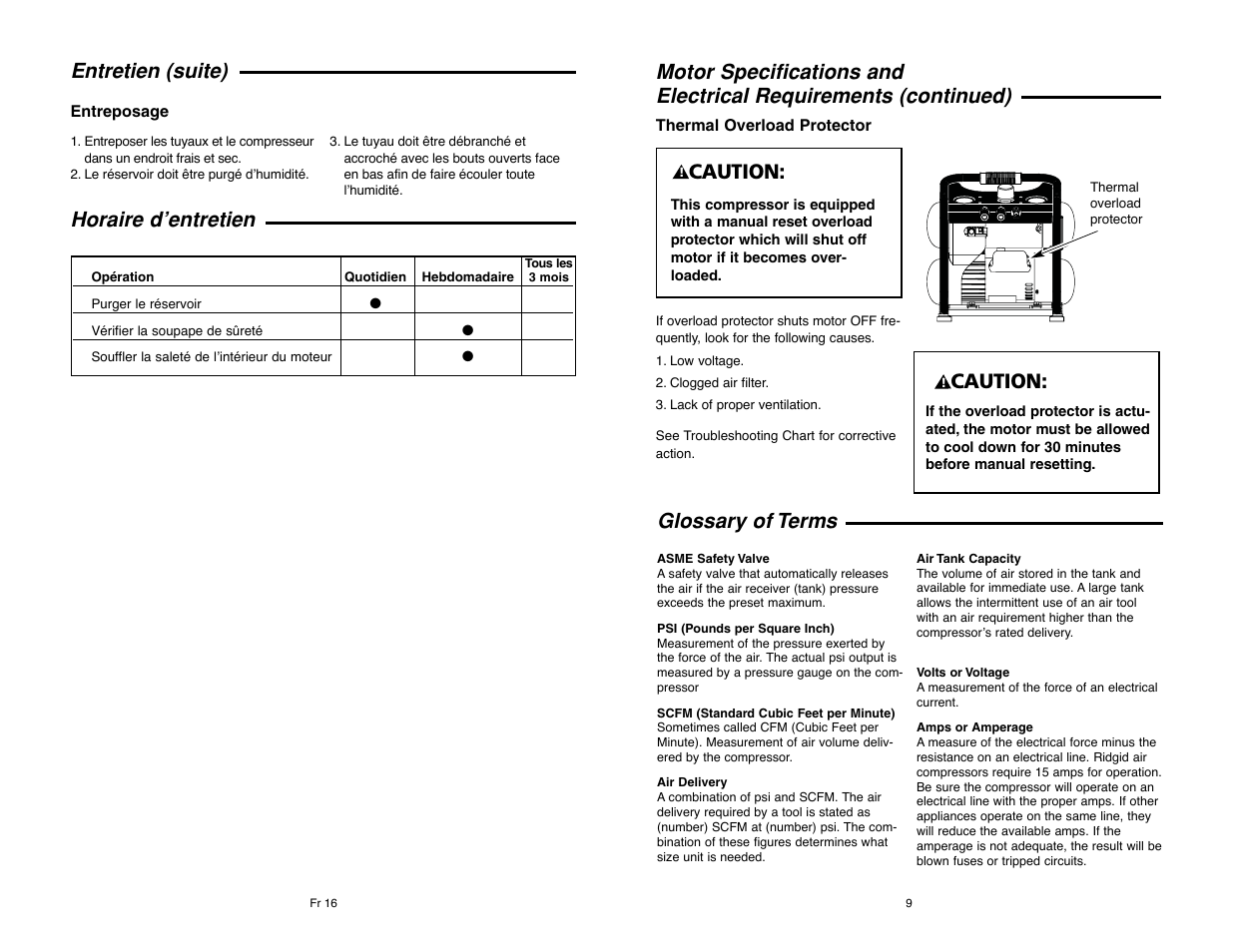 Entretien (suite), Horaire d’entretien, Caution | RIDGID RIGID OF25135A User Manual | Page 9 / 36