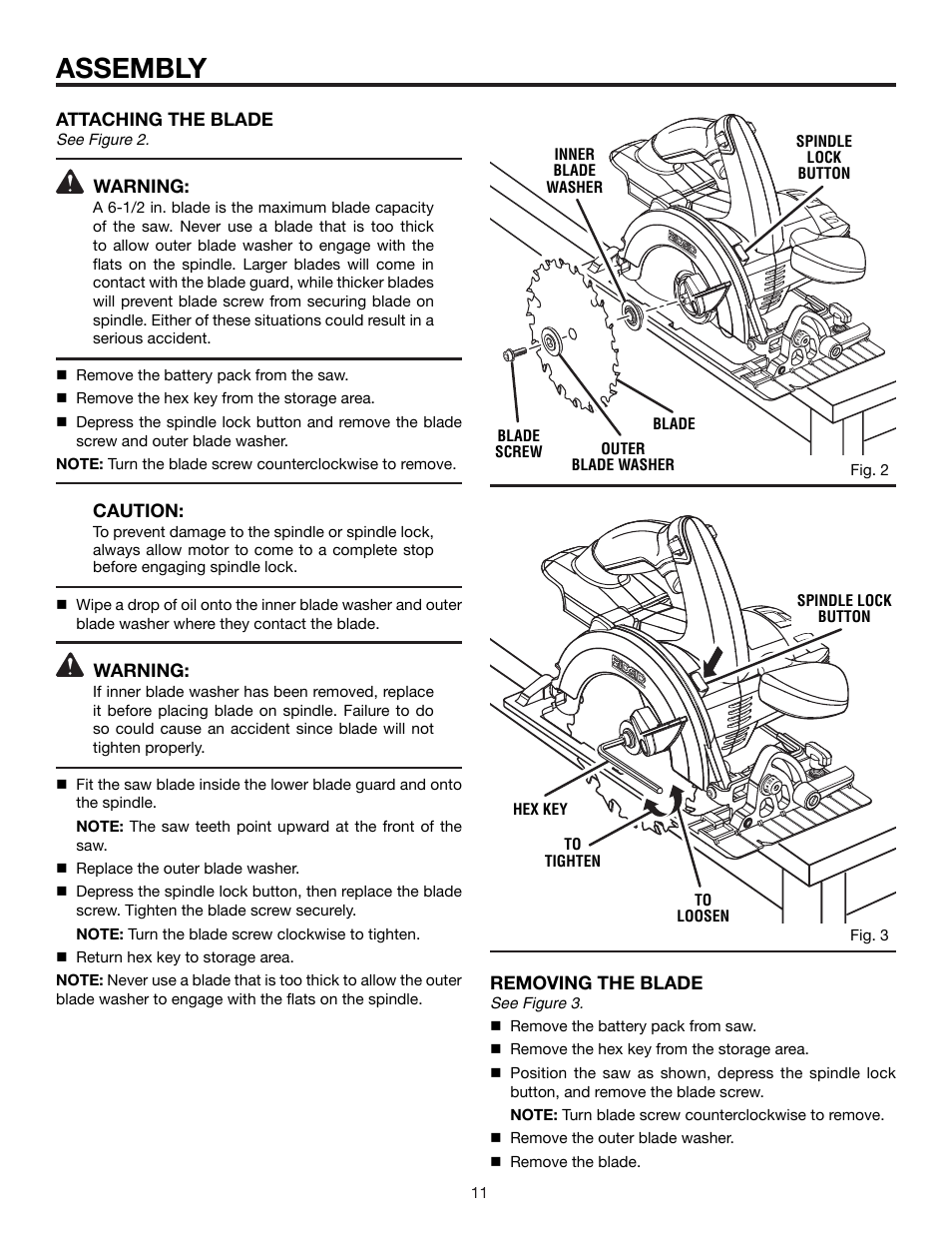 Assembly, Attaching the blade, Warning | Caution, Removing the blade | RIDGID MaxSelect R885 User Manual | Page 11 / 26