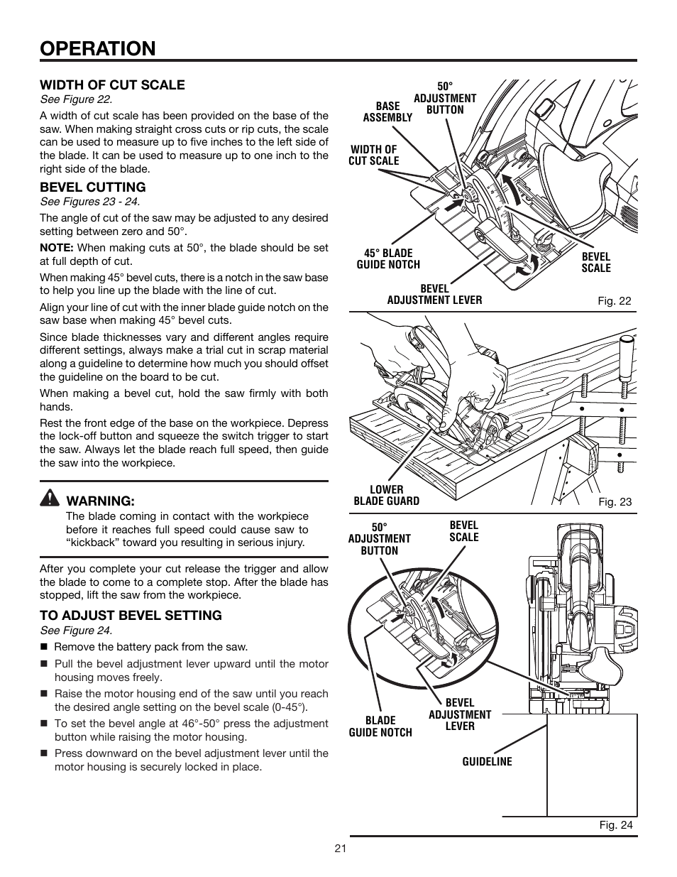 Operation, Bevel cutting, Warning | Width of cut scale | RIDGID MaxSelect R885 User Manual | Page 21 / 26