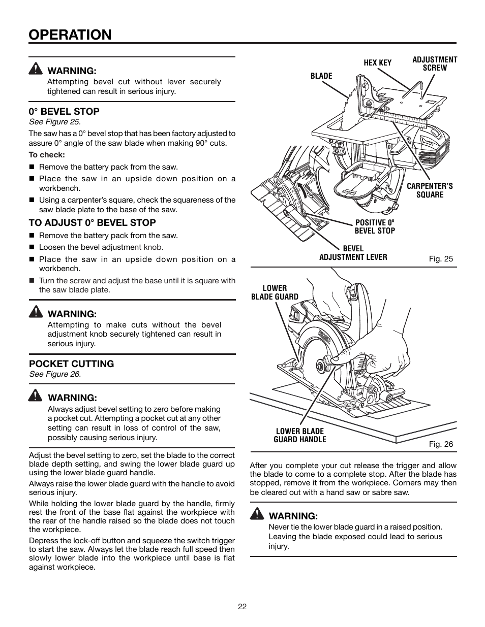 Operation, 0° bevel stop, Warning | Pocket cutting | RIDGID MaxSelect R885 User Manual | Page 22 / 26