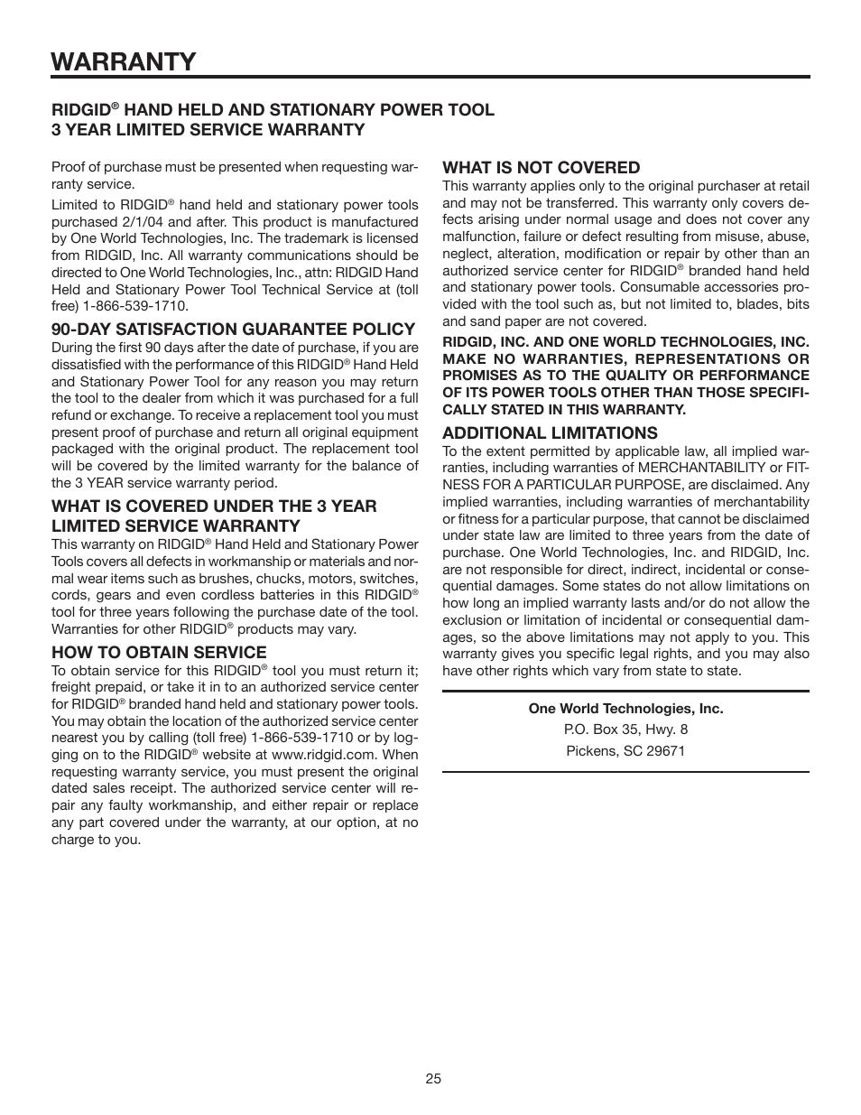 Warranty, Day satisfaction guarantee policy, How to obtain service | Ridgid, Additional limitations | RIDGID MaxSelect R885 User Manual | Page 25 / 26