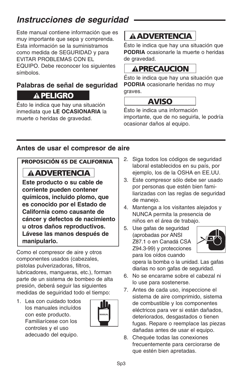 Instrucciones de seguridad, Palabras de señal de seguridad, Antes de usar el compresor de aire | RIDGID GP90150A User Manual | Page 27 / 72