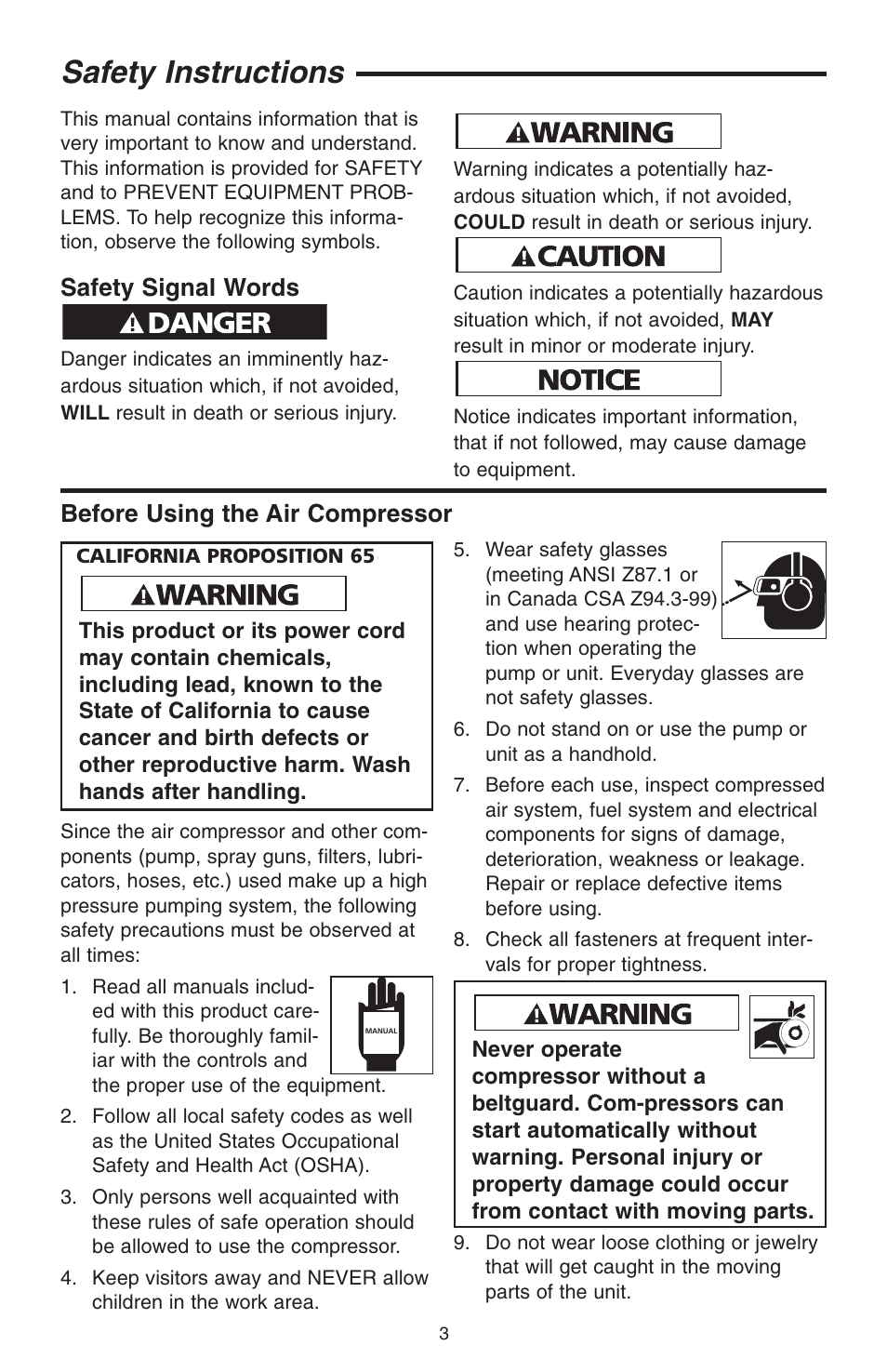 Safety instructions, Safety signal words, Before using the air compressor | RIDGID GP90150A User Manual | Page 3 / 72