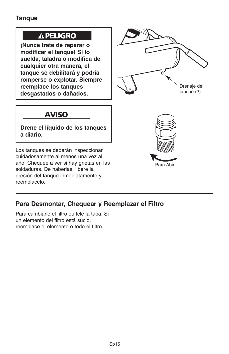 Tanque, Para desmontar, chequear y reemplazar el filtro | RIDGID GP90150A User Manual | Page 39 / 72