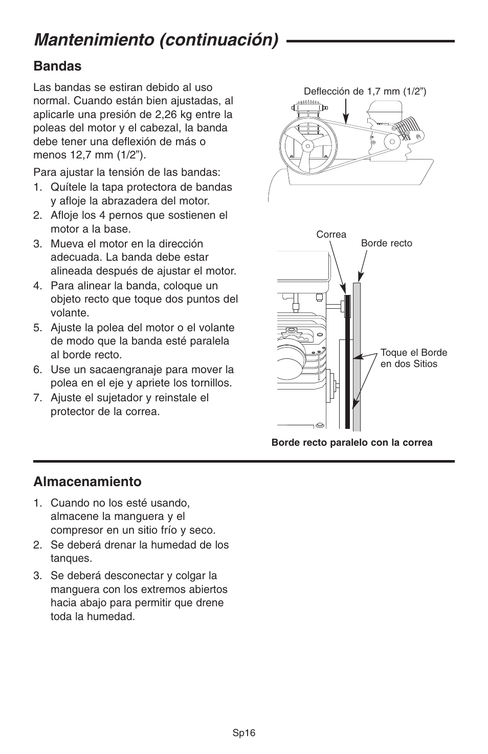 Mantenimiento (continuación), Almacenamiento, Bandas | RIDGID GP90150A User Manual | Page 40 / 72