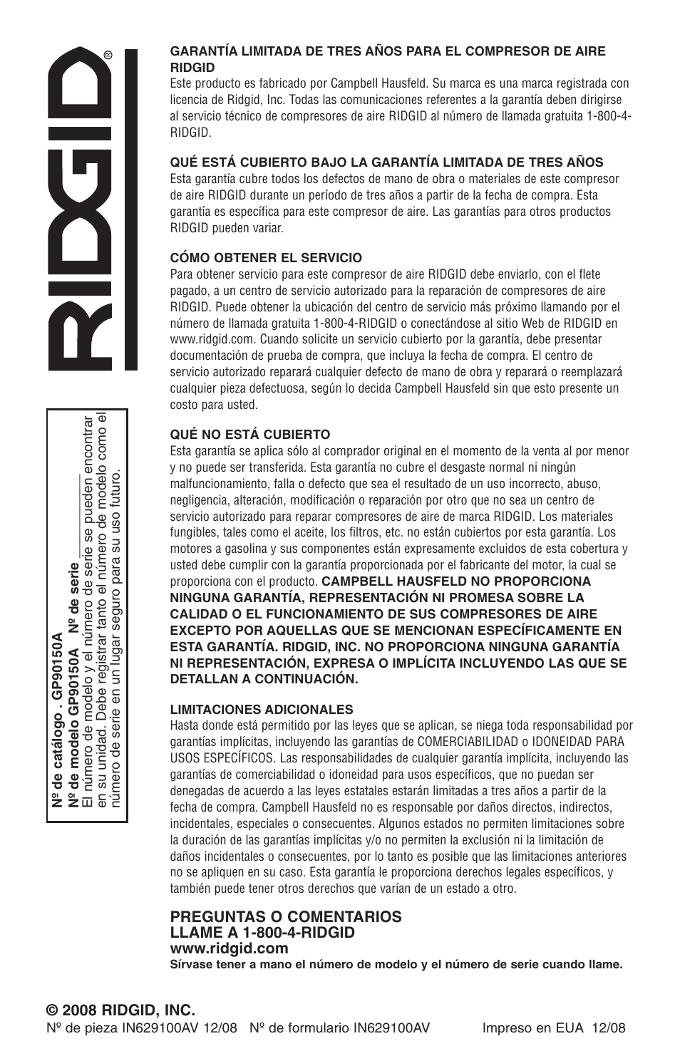 RIDGID GP90150A User Manual | Page 48 / 72